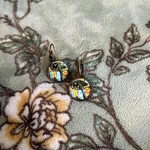 Round Glass Dome Leverback Earrings with Cat on Book Shelf Print